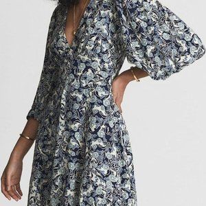 Reiss Puff Sleeve Print Mini Dress in Blue Daisy Size 10